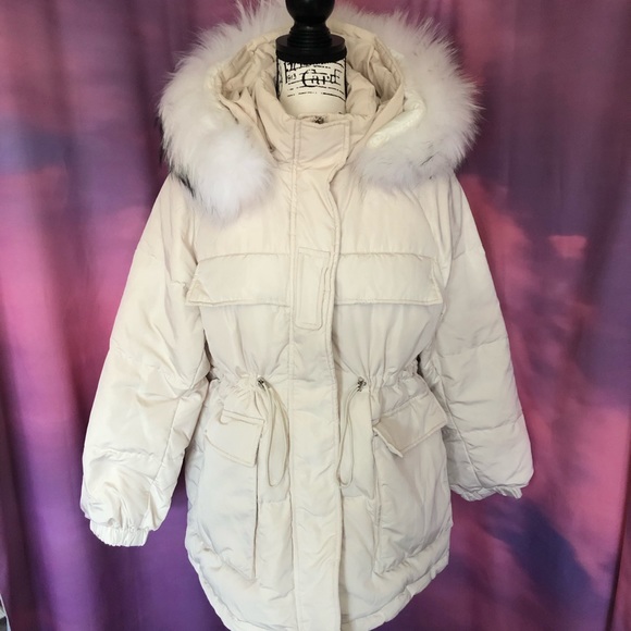 Coat down genuine fox fur hood pocket cream beige women - Picture 10 of 10